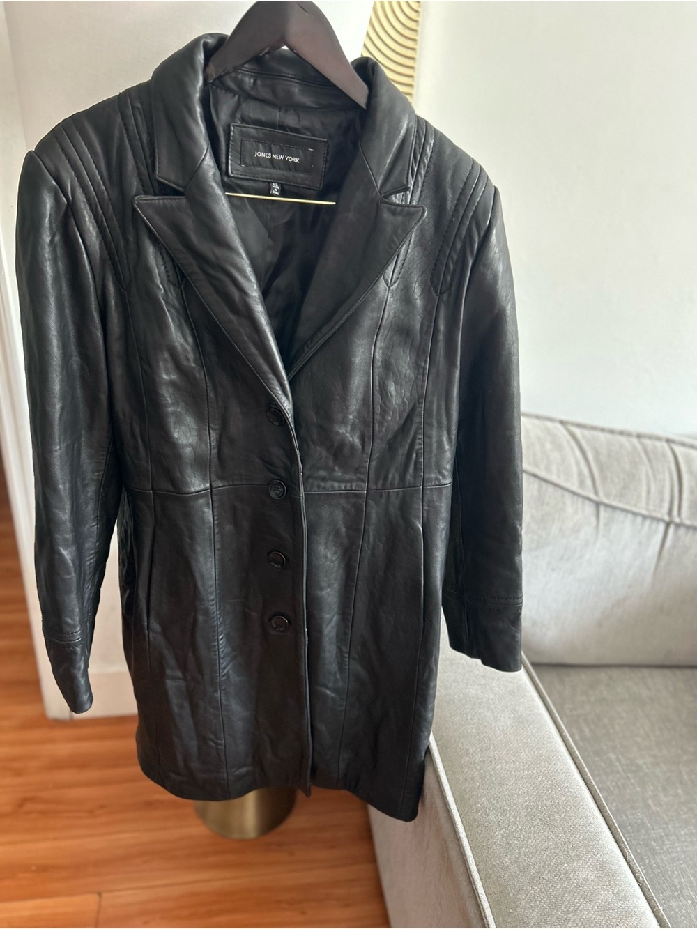 Jones New York Black Calf Leather Mid-Length Overcoat Button Down Lined XL Y2K
